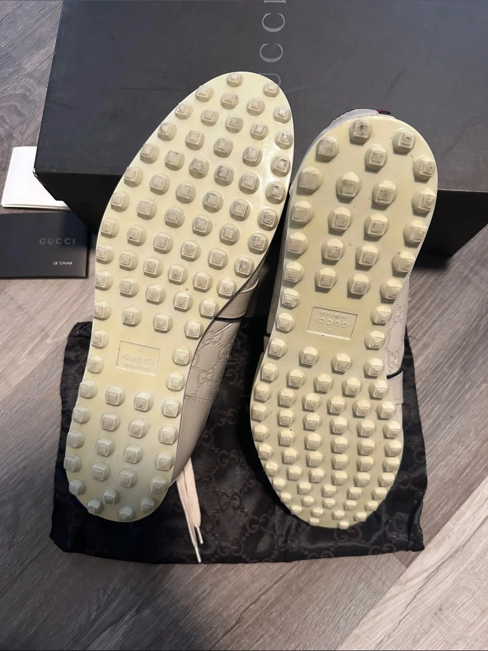 Gucci Men’s Cream Leather Sneakers with Black Accents